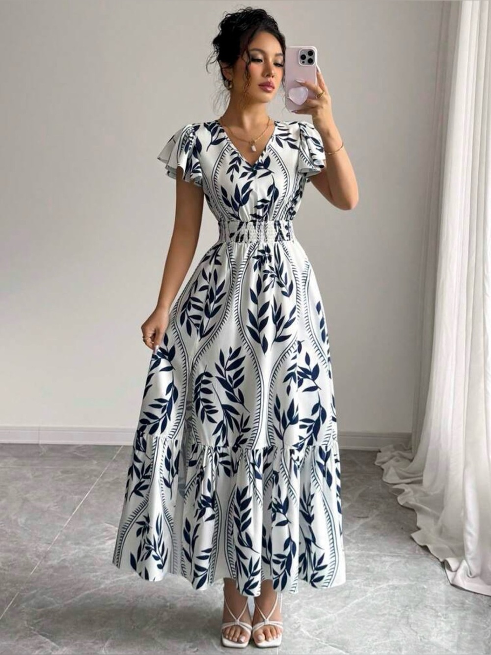 SHEIN White and Navy Botanical Tiered Maxi Dress